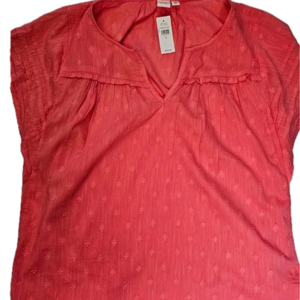 Gap Blouse Womens L Coral V-Neck Cap Sleeve Ruffle Floral Lightweight Relaxed
